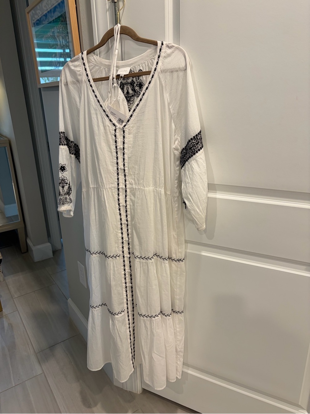 Johnny Was White Maxi Dress with Black Floral Embroidery